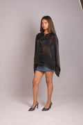 Model wearing the SEANT 001 sheer kimono sleeve blouse in black